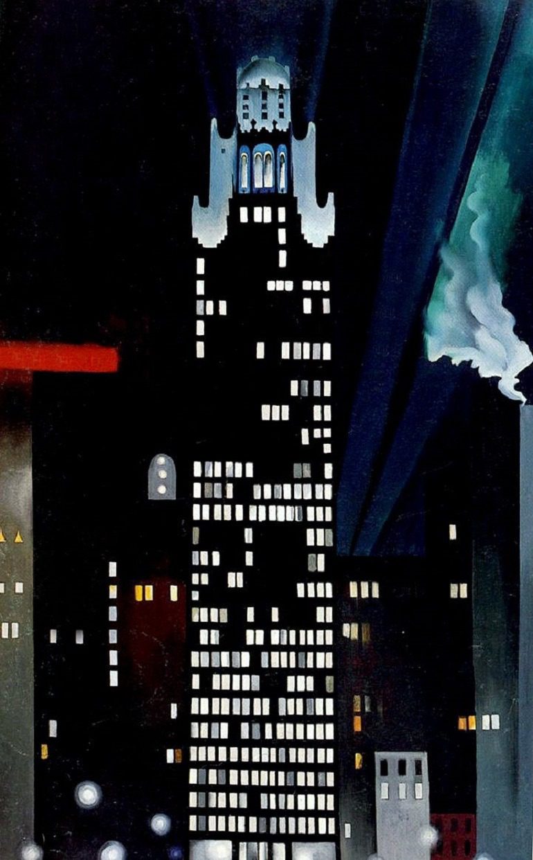 Image: Radiator Building–Night, New York, 1927, a painting by American artist Georgia O'Keeffe on display at the Crystal Bridges Museum of American Art in the show The Beyond: Georgia O’Keeffe and Contemporary Art