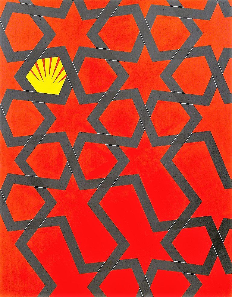 Image: Zigzag, an acrylic on canvas 2 parts, total, 230 x 350cm by Bashir Makhoul is one of the works in Criminal Ornamentation an exhibition, which confronts the view of Adolf Loos on ornamentation