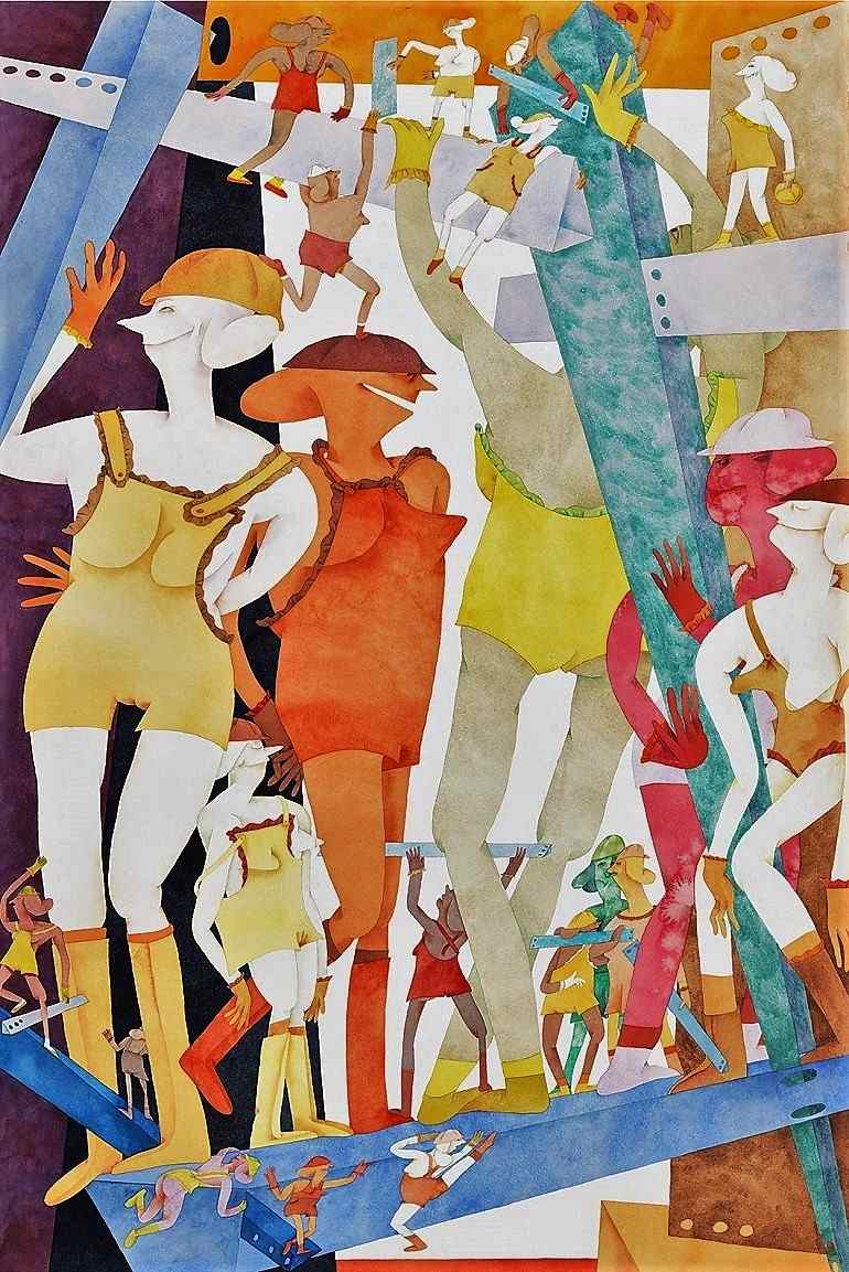 Image: A watercolor painting of women at a construction site titled chic.con.co by Gladys Nilsson on display with works by Art Green at Expo Chicago 