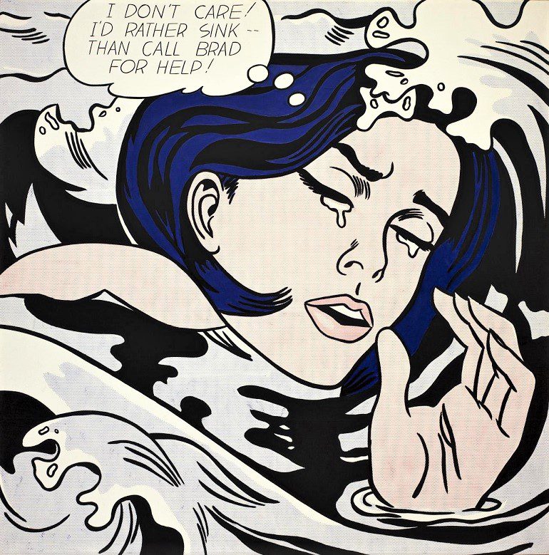 Image: Drowning Girl 1963 an oil and synthetic polymer paint on canvas measuring 171.6 x 169.5 cm by American artist Roy Lichtenstein on display at National Gallery of Victoria