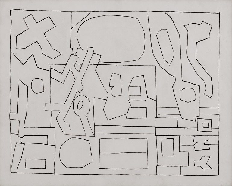 Image: casein on canvas painting titled Letter and His Ecol by Stuart Davis is one of the black and white painting by the artist on display at the Paul Kasmin Gallery