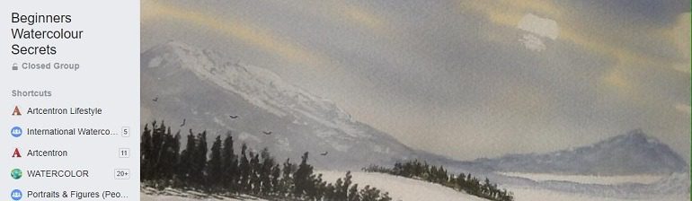 Image: A beautiful landscape painting on the header cover of Beginners Watercolour Secrets, one of Facebook watercolor Groups where watercolorists from across the globe gather to share, tips, techniques and share secrets about watercolor 