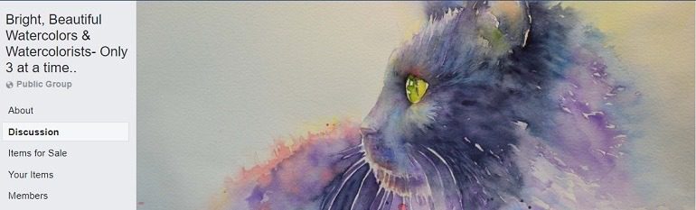 Image: Painting of a purple cat on the header cover of Bright, Beautiful Watercolor & Watercolorists, one of Facebook watercolor Groups where watercolorists from across the globe gather to share, tips, techniques and share Bright, Beautiful Watercolor paintings