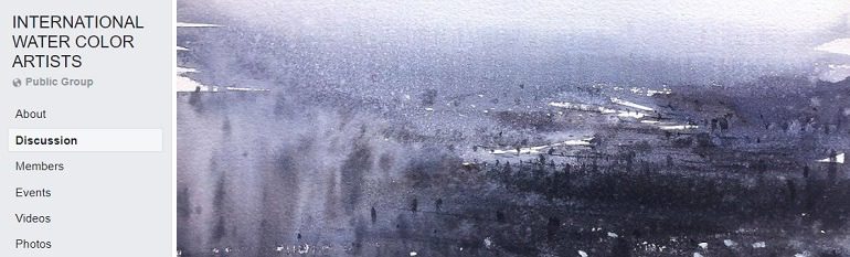 Image: A beautiful landscape painting done in the scheme of blue on the cover of International Watercolor Artists, one of the Facebook Watercolor Groups artists are turning to for watercolor tip 