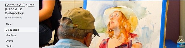 Image: A man sits painting the portrait of woman on the cover of Portraits & Figures People in watercolor, one of Facebook watercolor Groups where watercolorists from across the globe gather to share, tips, techniques and share painting about portraits and figures 