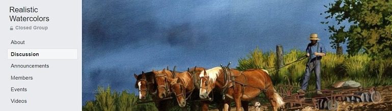 Image: Painting of horses in a landscape serves as the cover of Realistic Watercolors, one of the Facebook Watercolor Groups one of the Facebook Watercolor Groups watercolorists go for share ideas