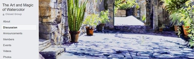 Image: A beautiful painting of the entrance to a house on the cover of The Art and Magic of Watercolor, one of Facebook watercolor Groups where watercolorists from across the globe gather to share, tips, techniques and their works 