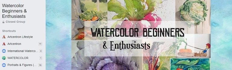 Image: Watercolor Beginners and Enthusiasts is boldly superimposed on a background of watercolor paintings on the cover of one of Facebook watercolor Groups where watercolorists from across the globe gather to share their works 