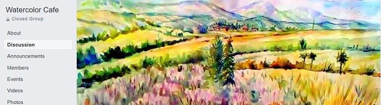 Image: A painting done with a combination of yellow, green and blues on the cover of Watercolor Cafe, one of Facebook watercolor Groups where watercolorists from across the globe gather to share, tips, techniques and share painting in a conducive atmosphere 