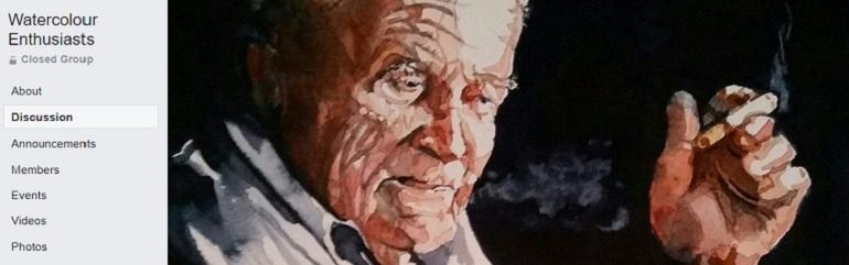 Image: Portrait of a man on the cover of Watercolor-Enthusiasts group, one of the Facebook Watercolor Groups watercolorists are turning to for tips and techniques