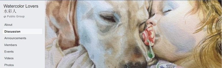 Image: Watercolor portrait of dog on the cover of Watercolor Lovers- 水彩人, one of Facebook watercolor Groups where watercolorists from across the globe gather to share, tips, techniques and their works 