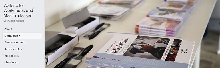 Image: A collection of books about watercolorist on the cover of Watercolor Workshops and Master Classes, one of the Facebook Watercolor Groups where watercolorists from across the globe gather to share watercolor tips and techniques 