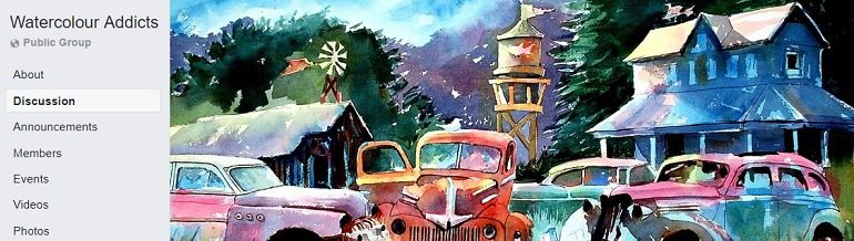 Image: A beautiful landscape painting with dilapidated cars and old buildings servers a header cover for Watercolour Addicts, one of Facebook watercolor Groups where a watercolorists from across the globe gather to share, tips, techniques and addiction for the watercolor medium 