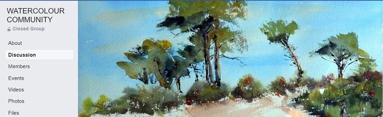 Image: A beautiful landscape watercolor painting with trees on the header cover of Watercolour Community, one of Facebook watercolor Groups where a community of watercolorists from across the globe gather to share, tips, techniques and share paintings 