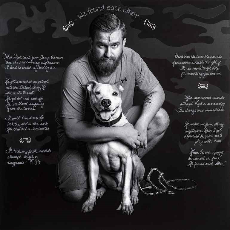 Image: Portrait of Derek, a military veteran and his dog Phoenix that was part of Depicting the Invisible, an exhibition of artworks by Susan J. Barron-veterans