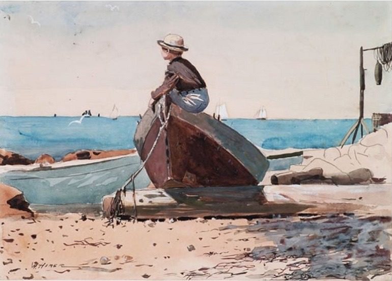 Waiting for Dad by Winslow Homer, 1873, watercolor and gouache on paper, 9 3/4 x 13 5/8 in.. Image:  Mills College Art Museum