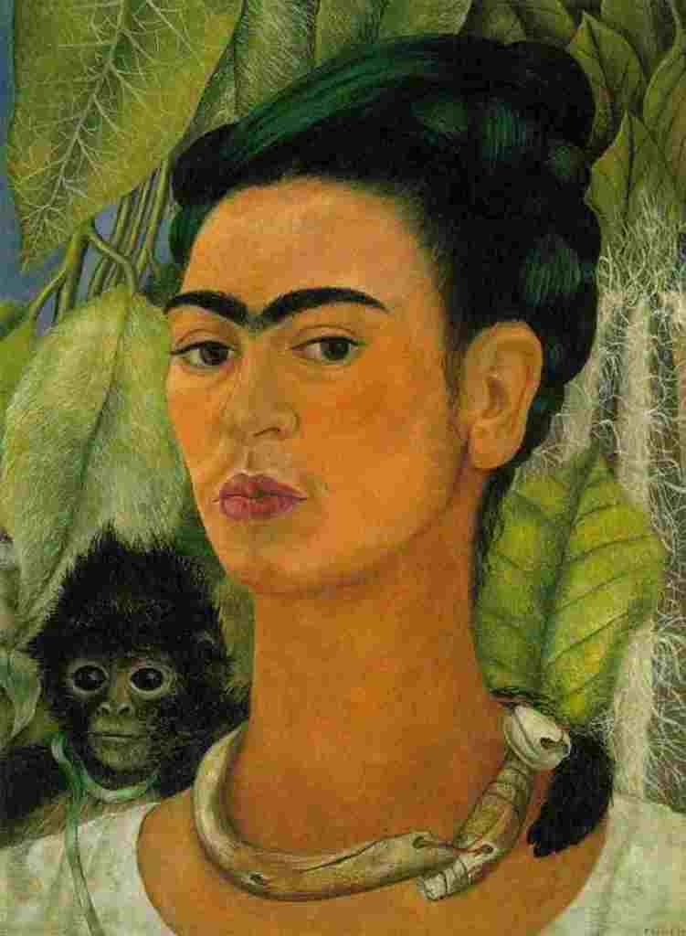 Self Portrait with a Monkey, an oil on masonite painting by Frida  shows her love animals