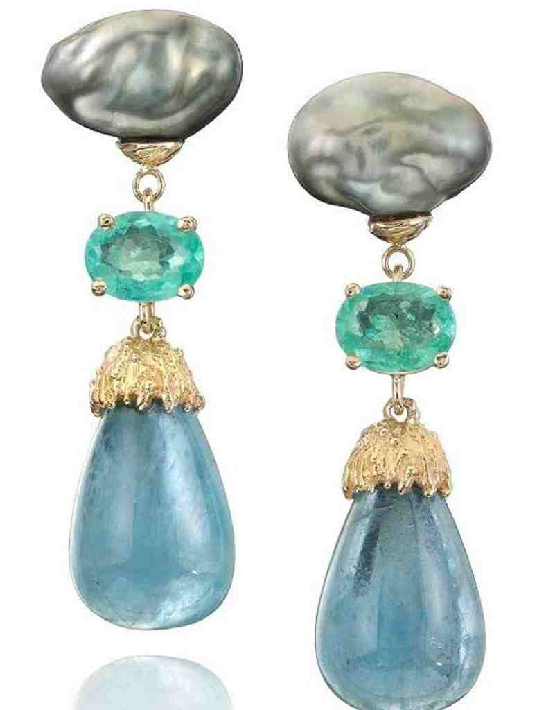 Image: 14k Gold Baroque Grey Pearls, Paraiba, and Aquamarine Earrings by goldsmith, jewelry designer, and scuba diver Alexis Barbeau