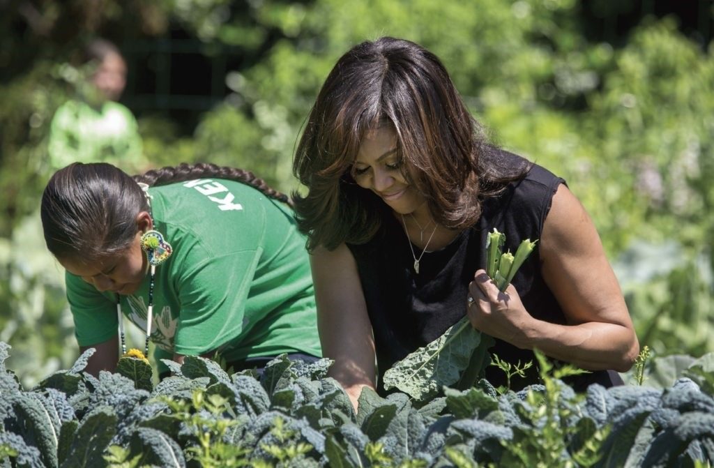 In the White House Kitchen Garden, the First Lady  harvests kale with students