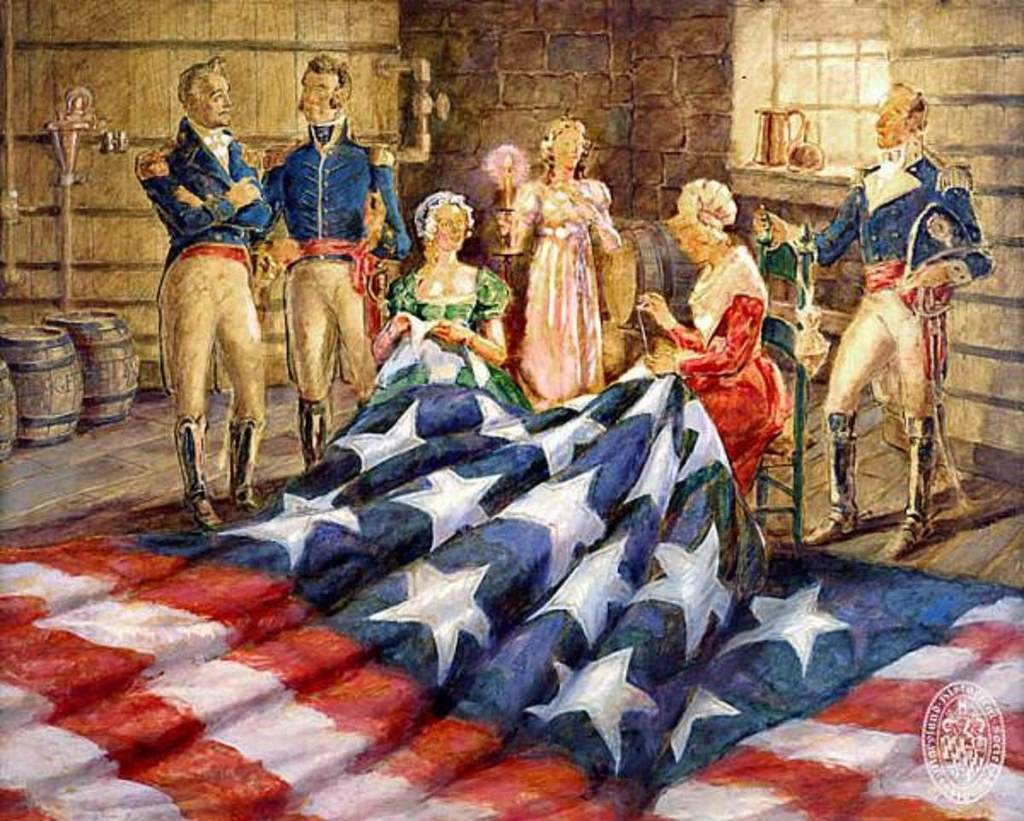 Mary Pickersgill Making the Flag, an oil on canvas painting by McGill R. Mackall shows Mary Pickersgill sewing the American flag at Maryland Historical Society