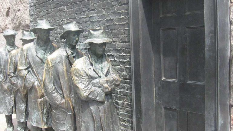Image: Art jobs Bronze statues of common depression era men standing in a soup kitchen line