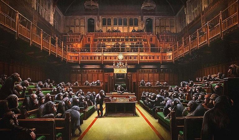 Banksy painting Devolved Parliament shows monkeys in the House of Commons