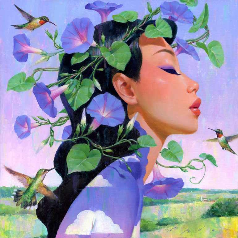 In a contemplative mood. Portrait of a woman tiled Crown of- Morning Glories by Bao Pham art