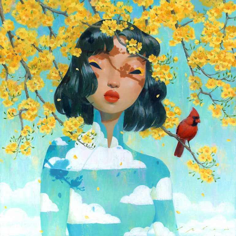 Portrait of a girl with yellow flowers and a bird by Bao Pham