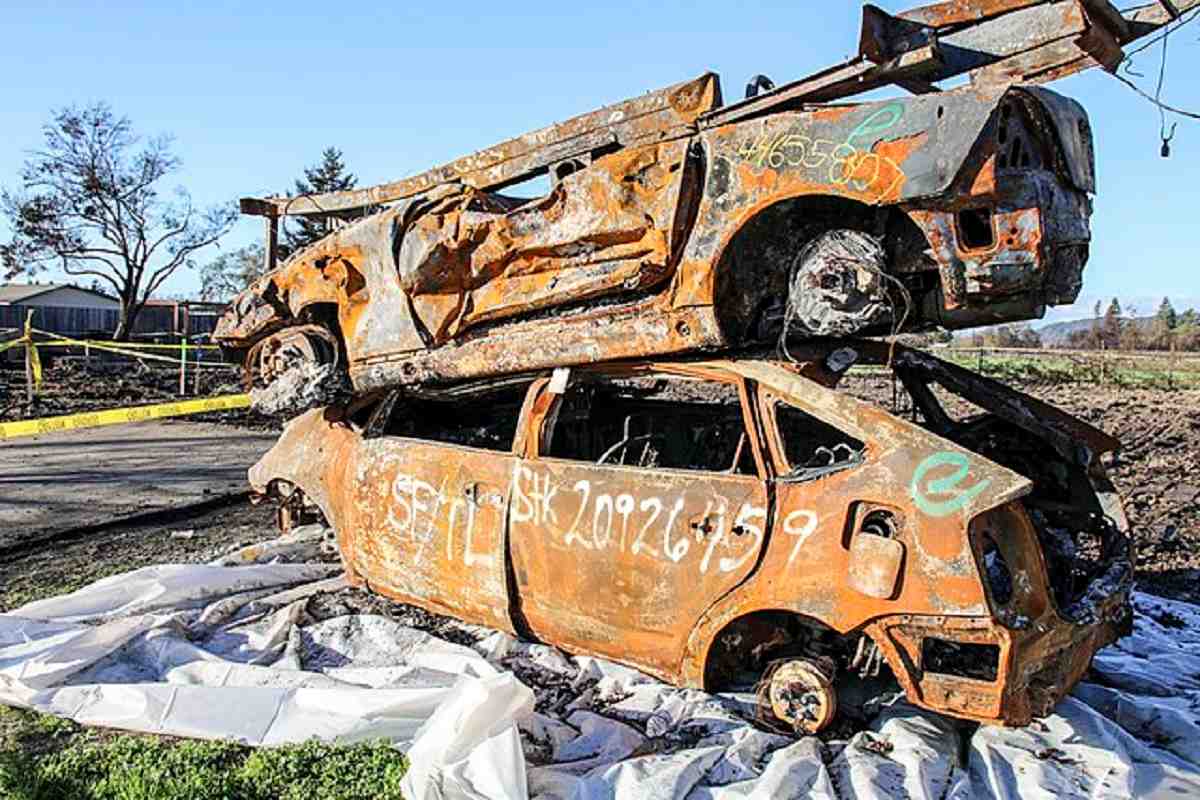 Two burnt cars-aftermath of Devastating Wildfires Destruction Photographs