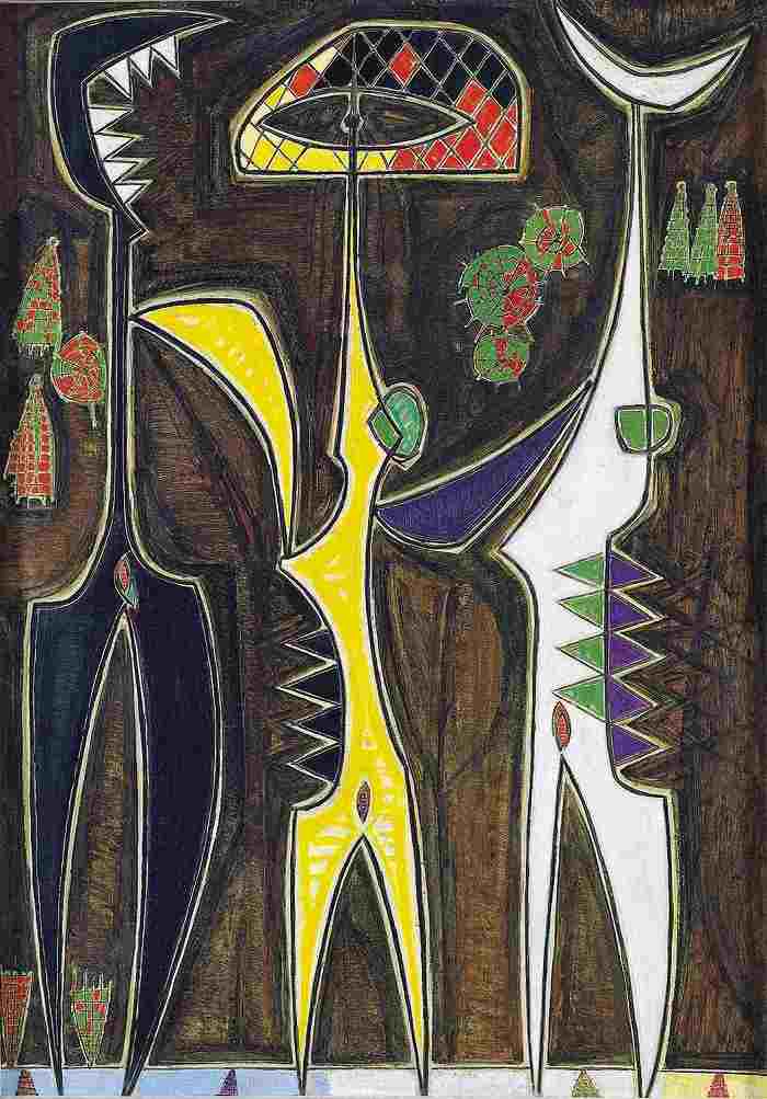 Tres Brujas Nacientes, an abstract painting with three mytical figures