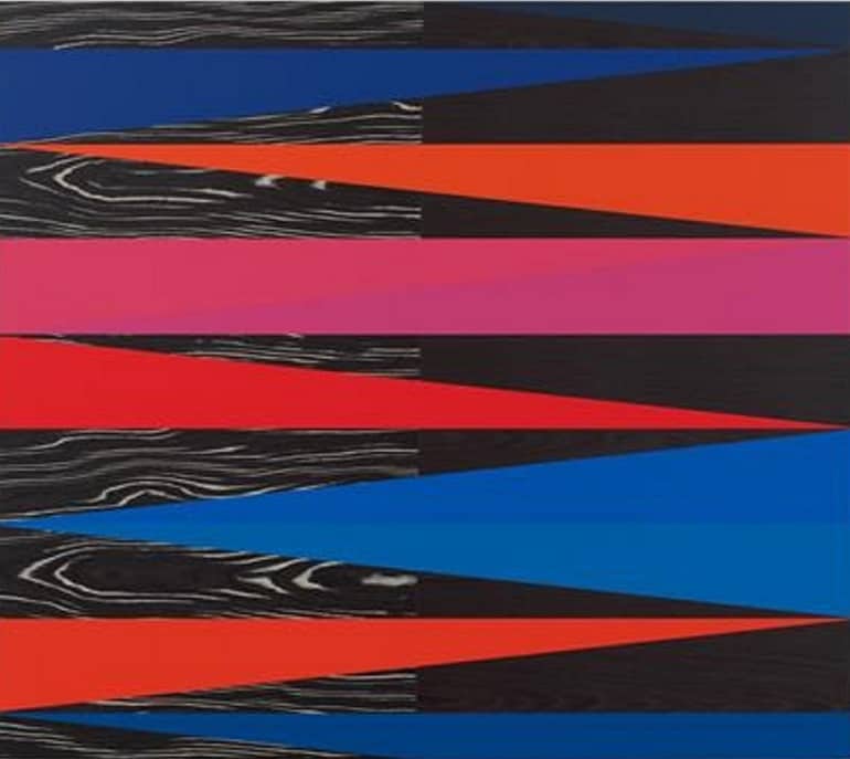 Painting with black, red, pink and blue triangles byOdili Donald Odita at Art Basel 2024