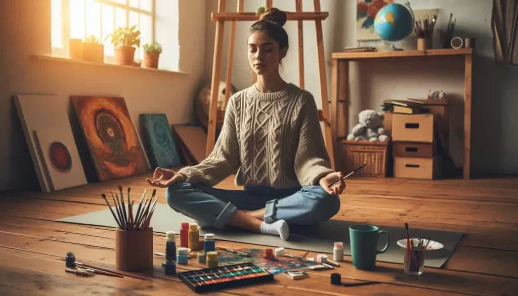 A female artist is meditating in her studio. watercolorAround her are painting brushes and watercolor. Meditation is one of the essential mindfulness techniques for artists