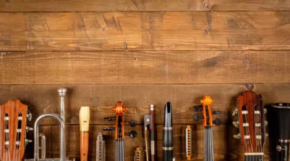 A group of various types of instruments lying in a row over a wooden background. You can only see their top halves. Taking care of your instrument is a great way to make it last longer
