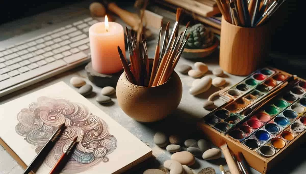 A studio view with painting brushes, drawings, and a lighted candle where it is conducive to practice mindful techniques for artist
