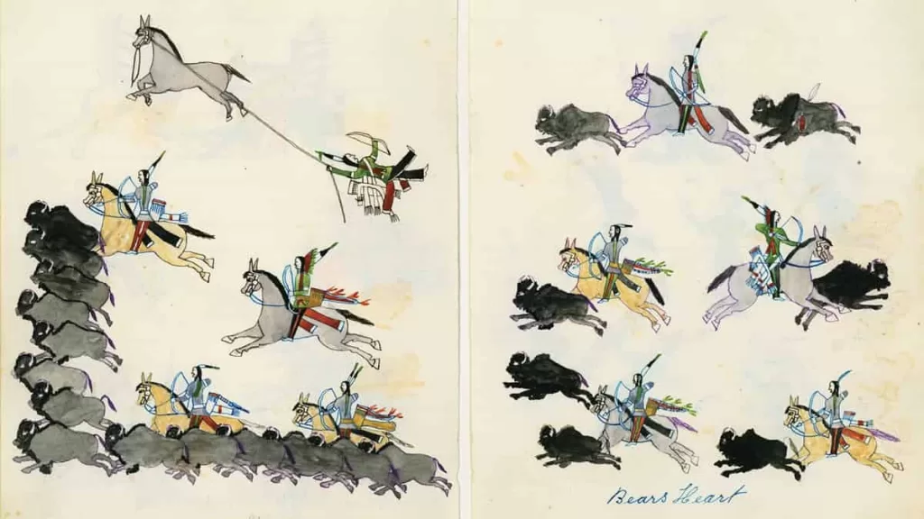 Cheyenne Hunting Buffalo, an ink-and-watercolor on wove paper by Bears Heart Cheyenne, is one of the key works where Indigenous Perspectives challenge colonial narratives.