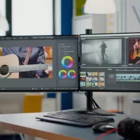 A dual-monitor setup displays an editing program on the screens. The edited video features a person holding a guitar.