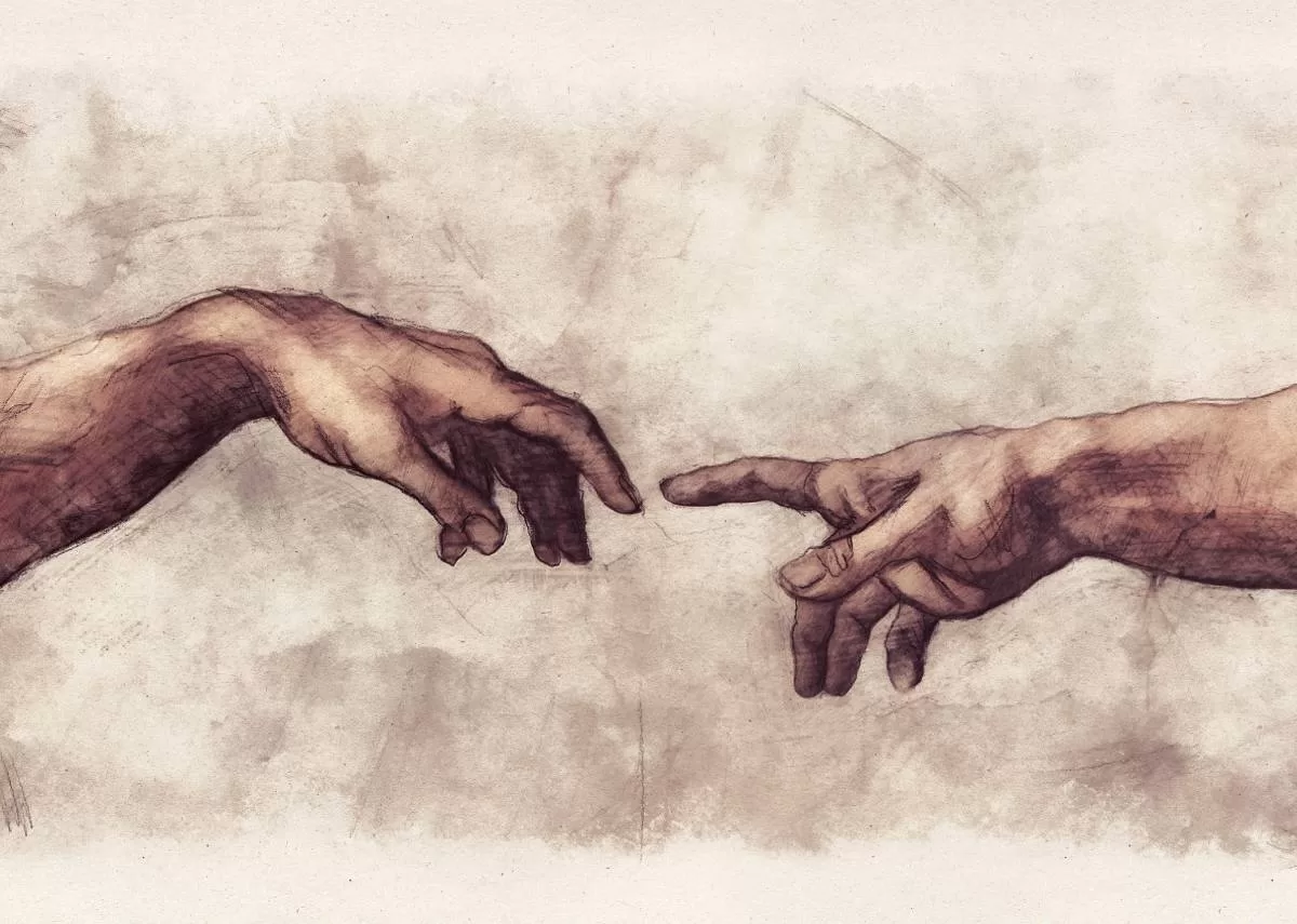 A sketch of two hands reaching towards each other with their pointer fingers extended. A small gap remains between them. Here is an example of how Famous Artworks and Artists Inspired by Bible Verses