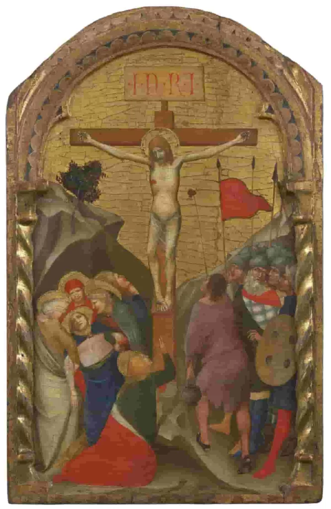 The Rasini Crucifixion, a Rare 14th-Century Italian Painting, is an innovative portrayal of Christ on the cross. It showcases remarkable sculptural qualities, an abstract landscape, and a dynamic composition