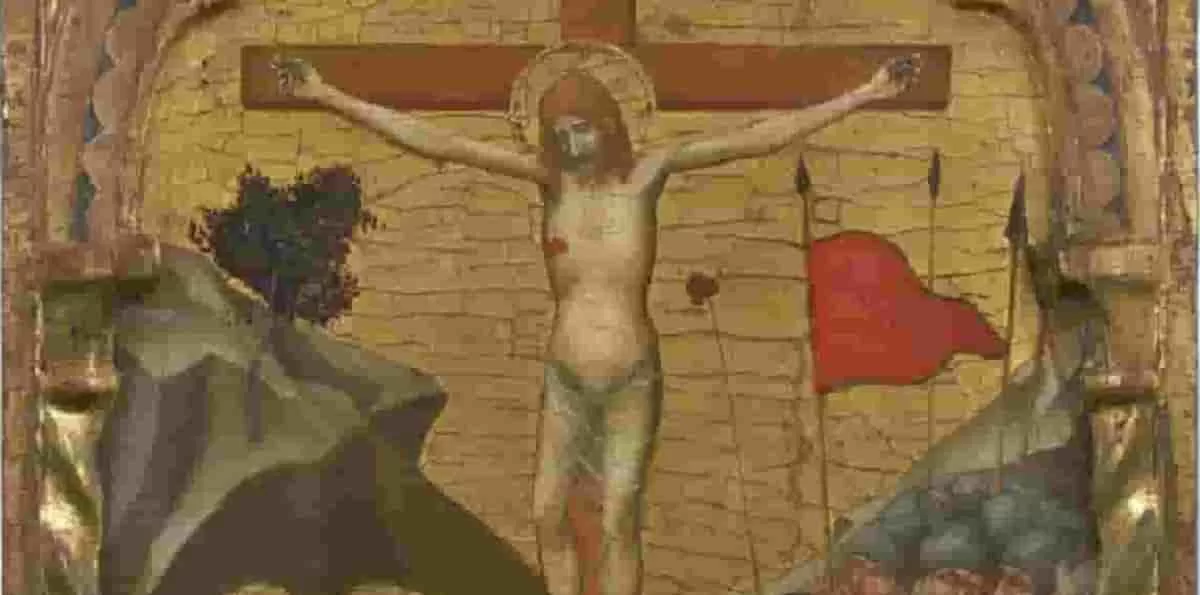 Detail of the Rasini Crucifixion, a rare 14th-Century Italian Painting, is an innovative portrayal of Christ on the cross. It showcases remarkable sculptural qualities, an abstract landscape, and a dynamic composition