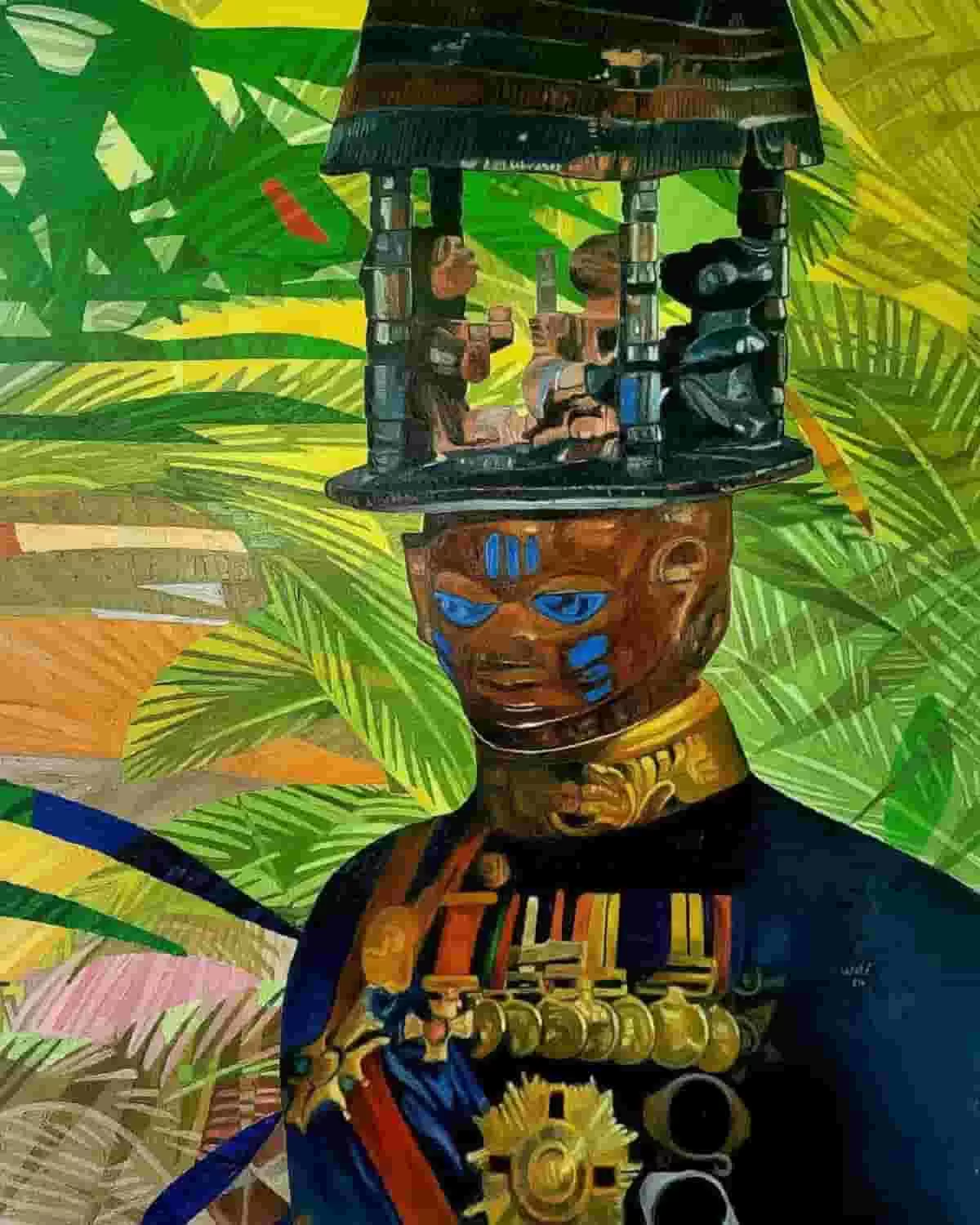 The Lugard Masquerade, 2024 oil on canvas painting by Wole Lagunju blends art and history, using Yoruba culture and colonial imagery to explore the complexities of post-colonial African identity
