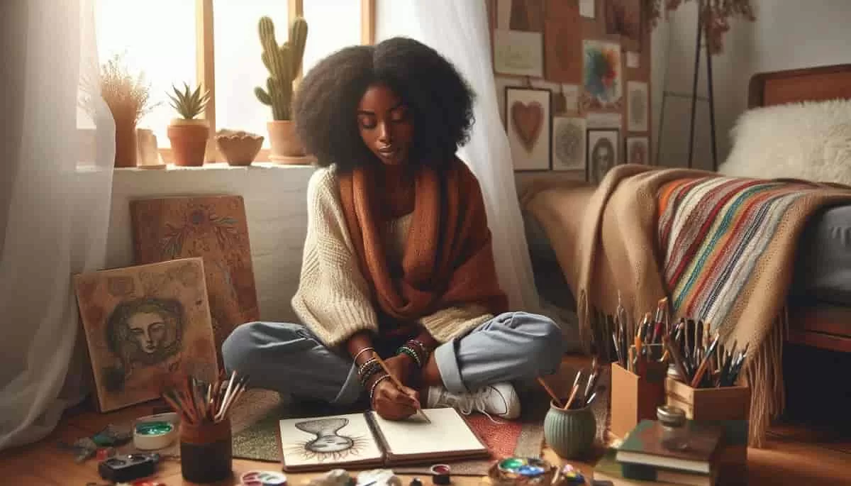 Artist seats in a meditation while sketching in her sketch book in gratitude art journal work