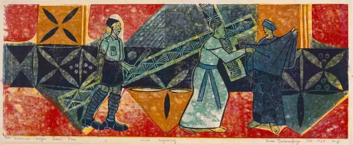 Station VI: Veronica wipes the face of Jesus, 1969 by Bruce Onobrakpeya depicts this bible scene using Nigerian traditional motives Nigerian, born 1932 Linoleum block print on rice paper 11 7/8 x 25 3/8 inches