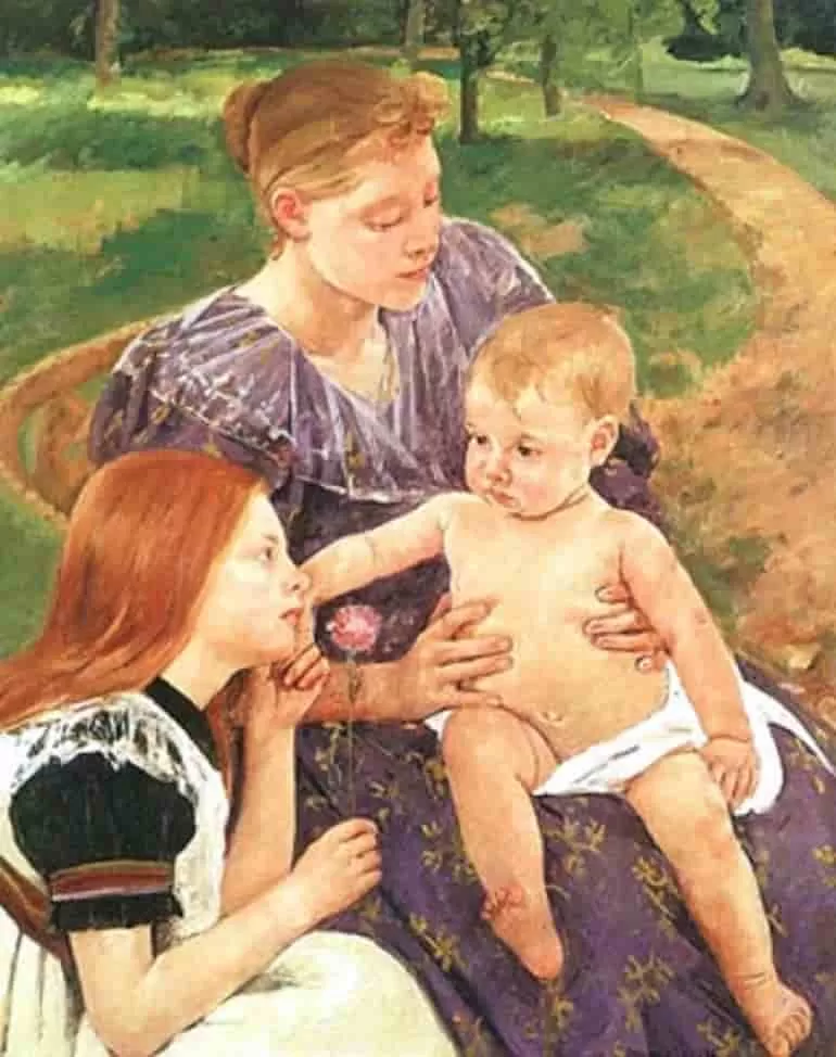 Mary Cassatt's The Family 1898 is an oil on canvas painting depicting a family: A mother, daughter, and baby. This is one of the important examples of Thanksgiving-Inspired art by famous artists