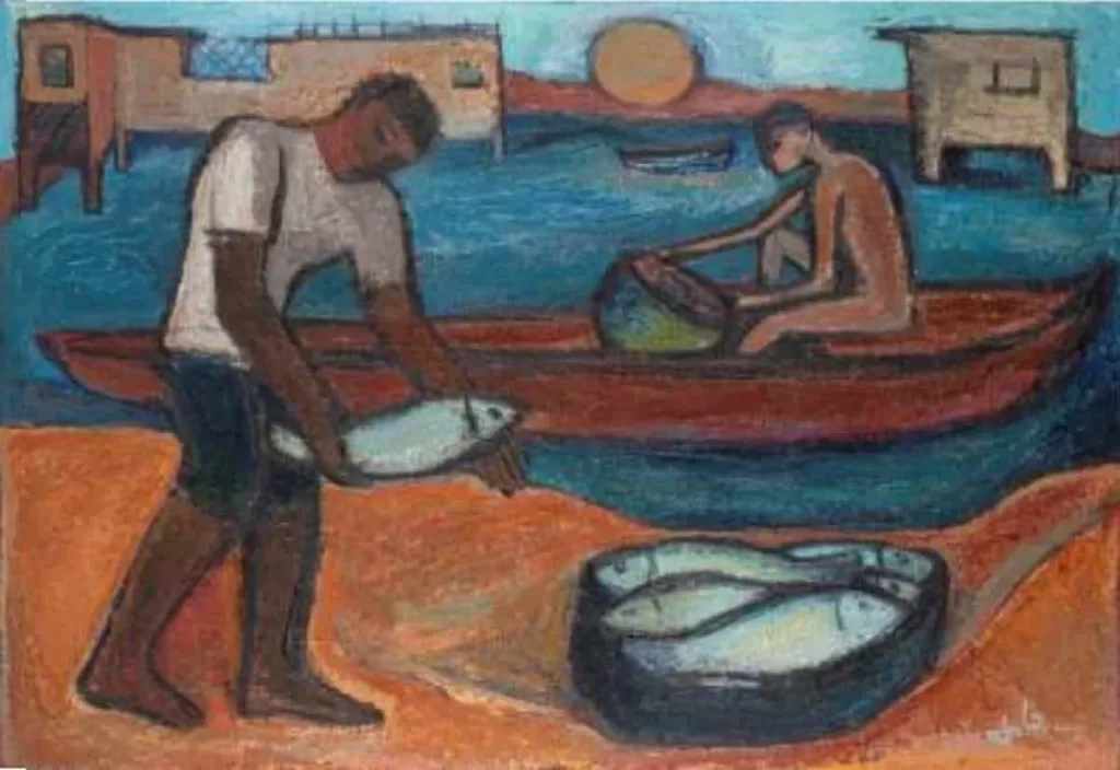 An oil on panel painting of fisherman at shore putting fish in a basket. In the distance is another man in boat. There are mud houses an other structures in the distance. The painting is by Egyptian artist Fatma Arargi