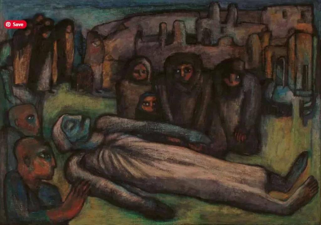 In this painting titled The Martyr by Fatma Arargi, mourners surround a corpse. They are grieving the loss of this loved one.