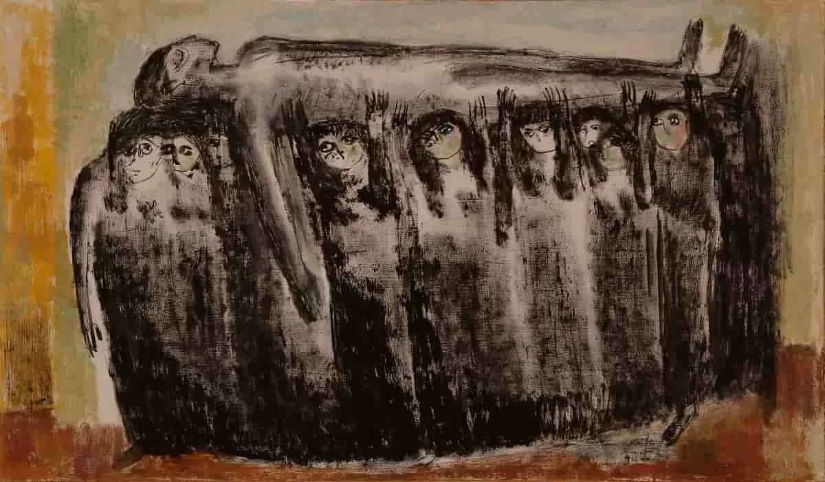 A painting of people carrying a corpse to the grave side titled The Martyr IV by Fatma Arargi. It is done in dry brush strokes of black and white