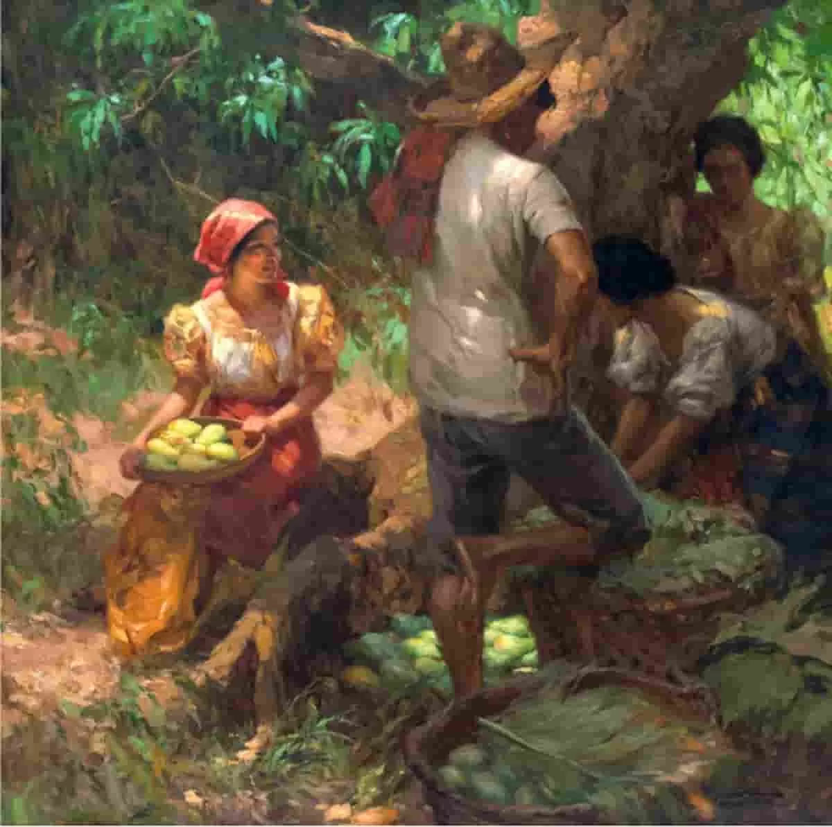 This oil on canvas painting by Fernando Amorsolo (1892 -1972) is titled Under the Mango Tree. It shows a group of people have a good time under the mango tree. It is realistic piece. It was one of the top lots at the Filipino art auction at León Gallery