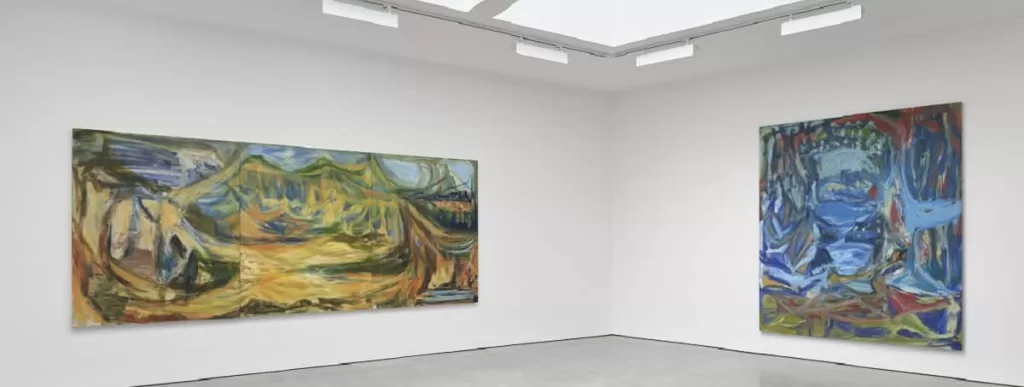 Installation view of landscape paintings by the British abstract artist Sarah Cunningham in the exhibition “The Crystal Forest” at Lisson Gallery.