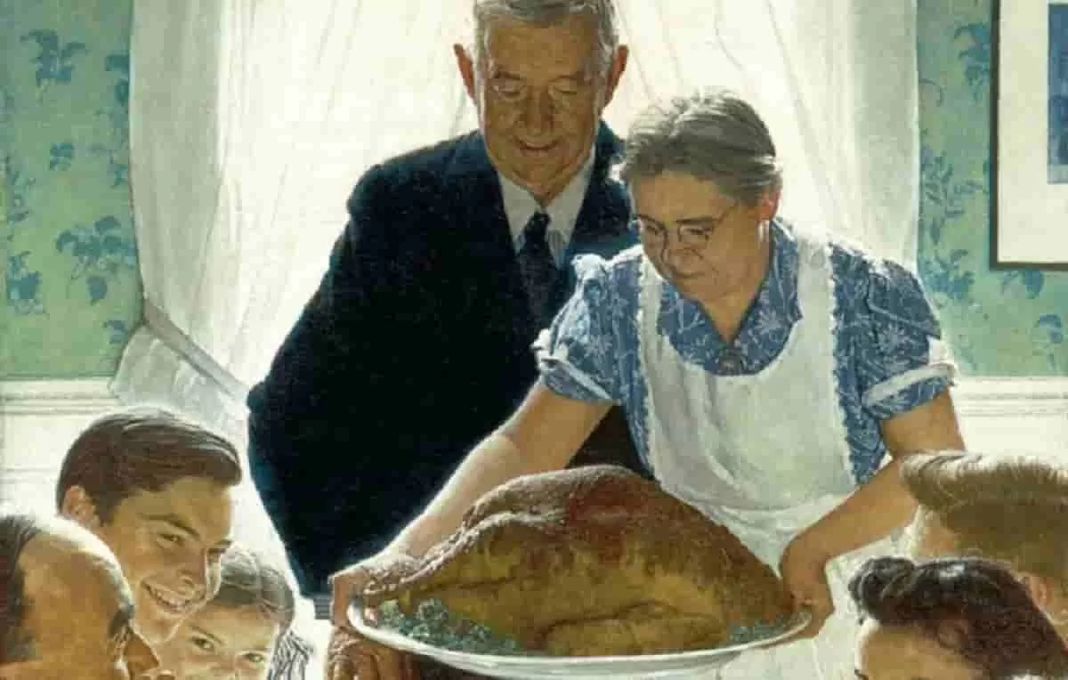 Norman Rockwell 1894–1978, Freedom from Want/The Thanksgiving Picture I'll Be Home for Christmas (1943) is an oil on canvas painting of a man, his wife, and family getting ready for the Thanksgiving dinner. The woman is carrying the turkey while the others smile as they look on. This and important example of Thanksgiving-inspired art by famous artists