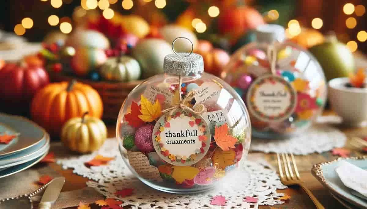 Beautiful ornaments filled with colorful notes of gratitude and small decorative items like glitter and fall leaves displayed on a beautifully adorned Thanksgiving table, highlighting their artistic flair and connection to the holiday spirit. This is one of the artistic ways to celebrate Thanksgiving